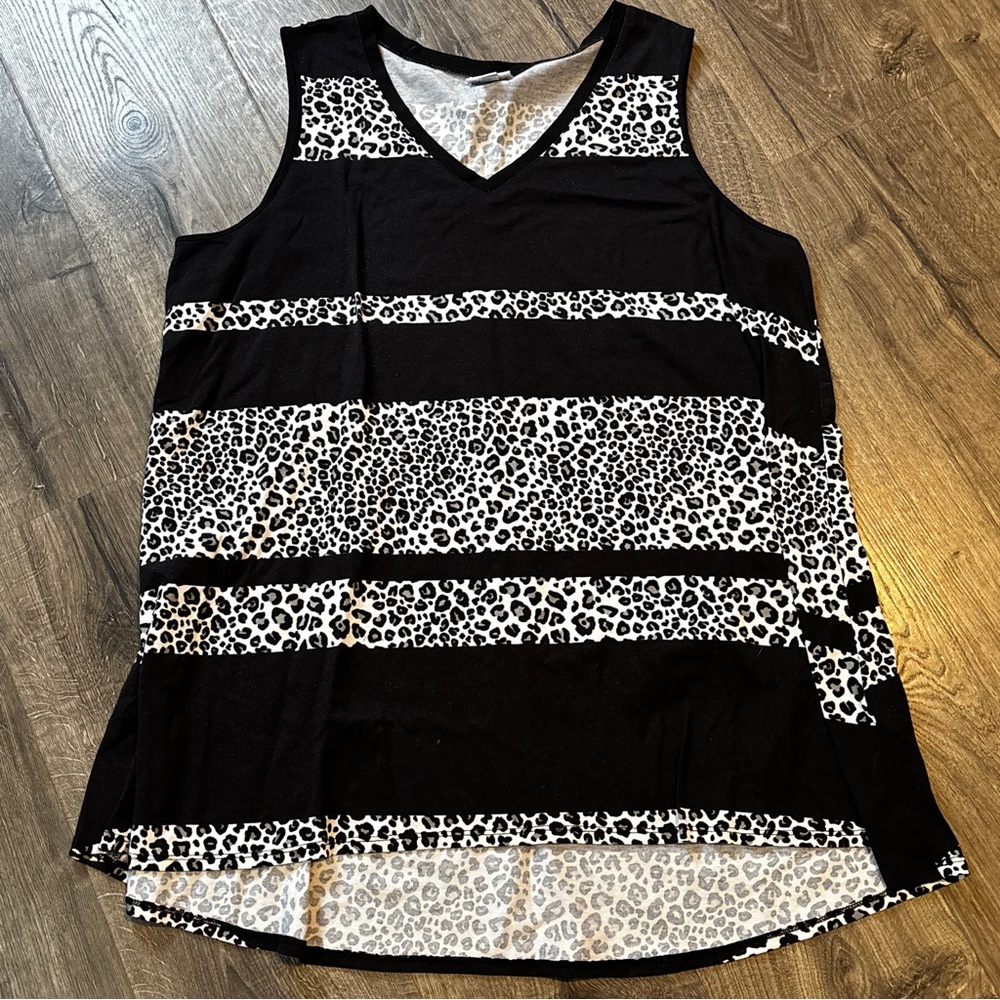 LuLaRoe Black and White Striped Leopard Tank Top